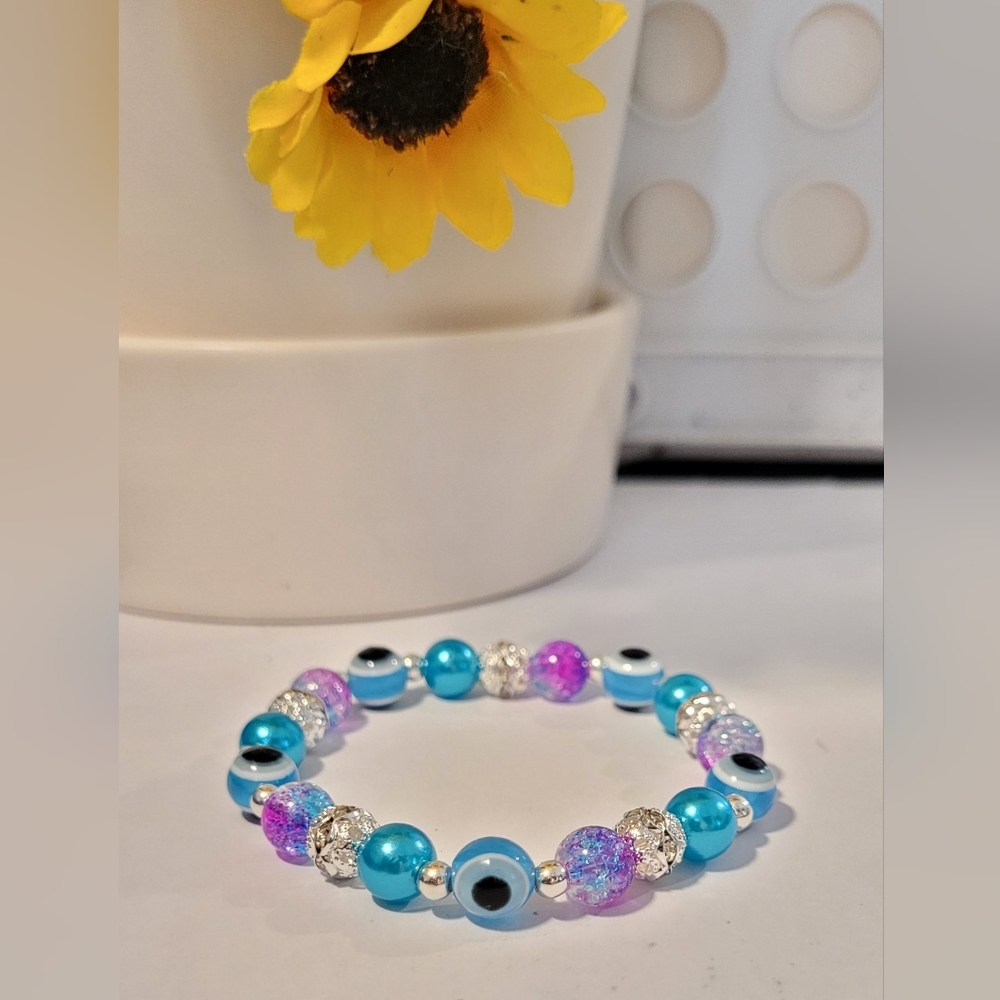 Blue and purple Evil Eye Beaded Stretch Protection Mal De Ojo Fashion Bracelet